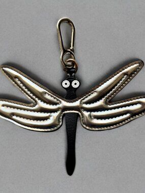 Loewe Metallic Silver Black Leather Dragon Fly Bag Charm